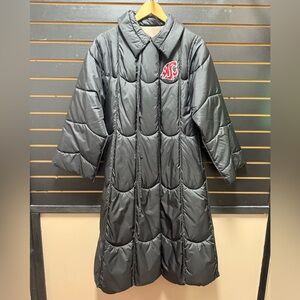 Vintage 1980s Totes Reversible Long Puffer Coat WSU Tie Waist Black Tan M